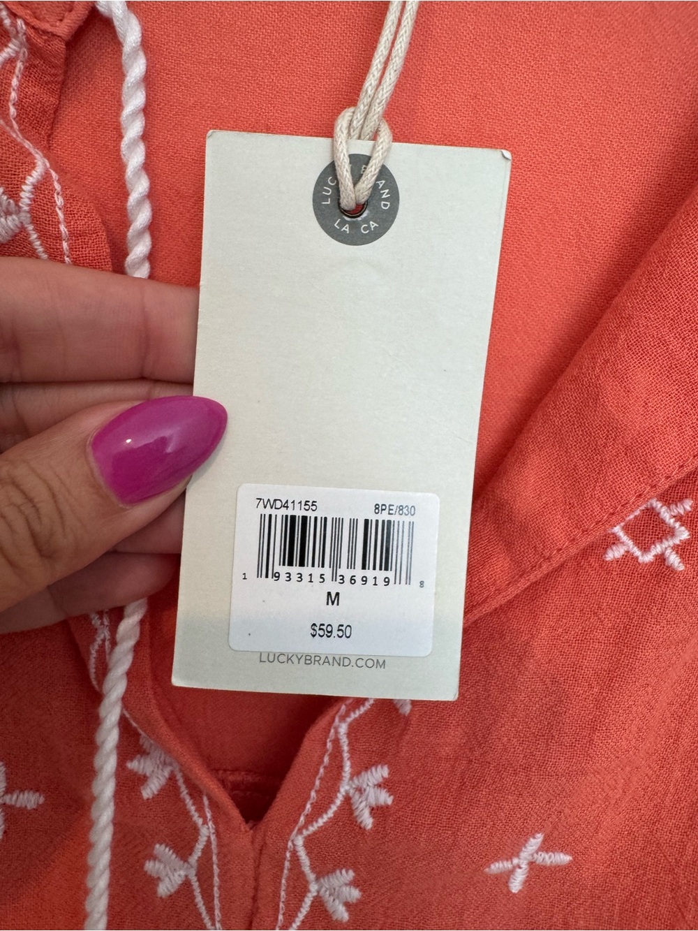 Lucky Brand Orange Boho Embroidered 3/4 Sleeve Cotton Blouse Top - Picture 5 of 11